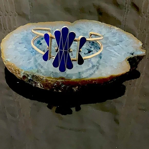 Vtg.SW NativeAmericanIndian Sterling Silver Cuff With Natural Lapis Gemstone. - Picture 1 of 5